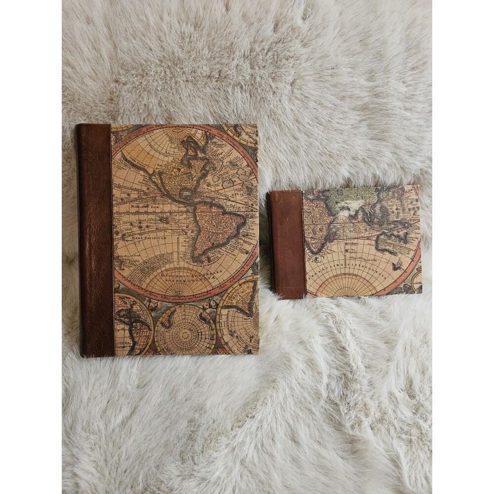 2 Made in Italy Leather Spine World Map Scrapbook Photo Albums Blank Pages